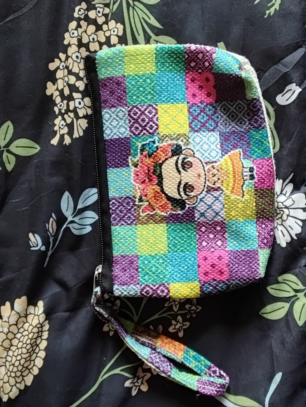 Colorful Patchwork Wristlet Pouch with Floral Character